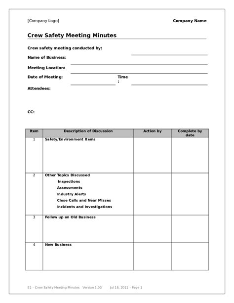 Crew Safety Meeting Minutes Template Edit Fill Sign Online Handypdf