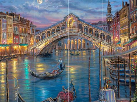 Rialto Bridge At Night In Venice Italy Cafe Gondola Painting Mosaic