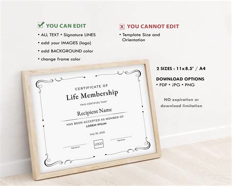 Life Membership Certificate Template Editable Printable Etsy