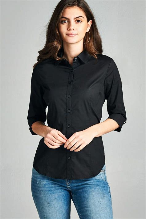 Womens Classic 34 Sleeve Stretch Button Down Collar Dress Work Shirt Blouse Ebay