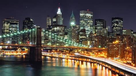 배경 화면 도시의 밤 뉴욕 강 다리 고층 빌딩 조명 미국 1920x1200 Hd 그림 이미지
