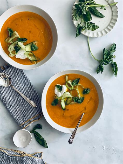 Chilled Carrot Ginger Soup With Labneh Cucumber And Basil — Peter Som