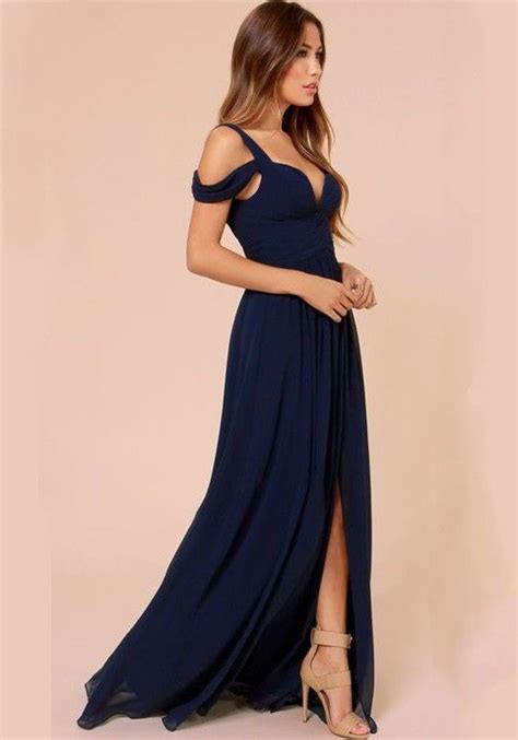 Dark Blue Plain Condole Belt Plunging Neckline Chiffon Dress Maxi Dresses Dresses Fancy