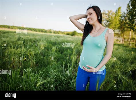 Beautiful Brunette Pregnant Woman At Wreath Field Stock Photo Alamy