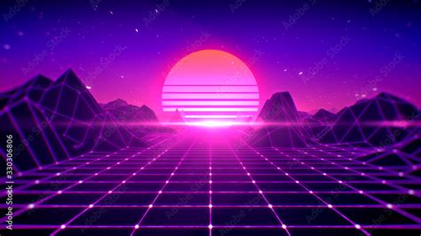 Retro Background Futuristic 80s Style Digital Summer Landscape