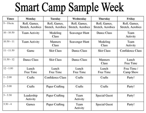 Sample Summer Camp Schedule Summer Camp Activities Summer Camp