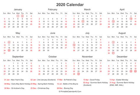 2020 Calendar With Uk Bank Holidays At Bottom Landscape Layout