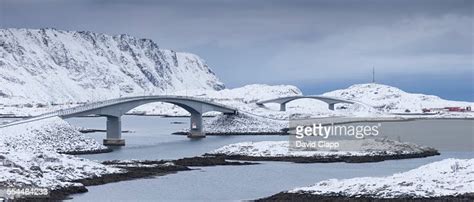 Snowy Bridges Fredvang Lofoten Islands Norway High Res Stock Photo