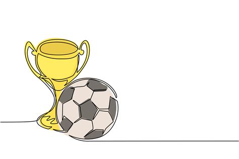 Continuous one line drawing trophy and football ball. Champion cup icon