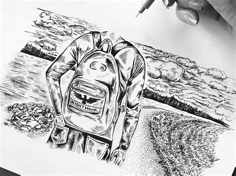 Pen And Ink Illustration Of Backpack Guy By Jen Borror Hoot Design