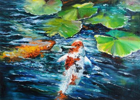 Koi Fish In The Pond Oil Painting On Canvas Stock Illustration