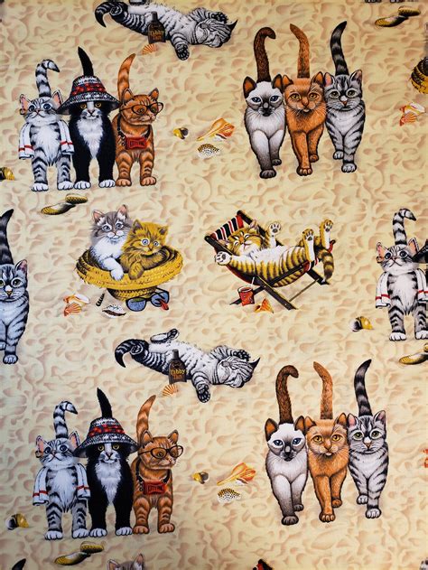 Novelty Cotton Fabric Kittens At The Beach Fabric By The Yard Etsy