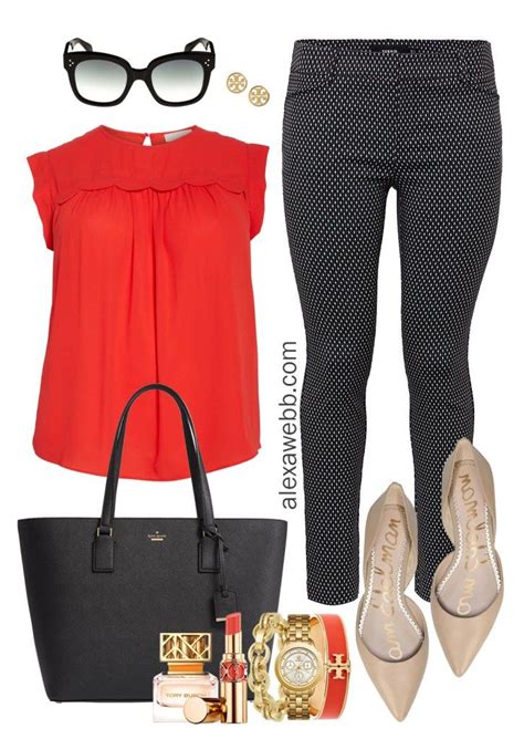 Plus Size Work Outfits Black White Pants Red Top Nude Flats