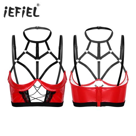 Womens Exotic Tanks Vest For Evening Party Hollow Out Strappy Patent Leather Bra Tops Back