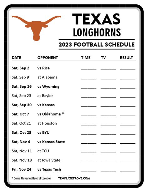 Printable 2023 Texas Longhorns Football Schedule