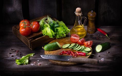 Vegetable Still Life Cucumbers Vegetables Tomatoes Knife Oil Hd