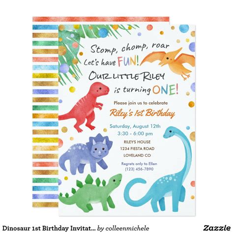 Dinosaur 1st Birthday Invitation Colorful Cute Dinosaur Birthday