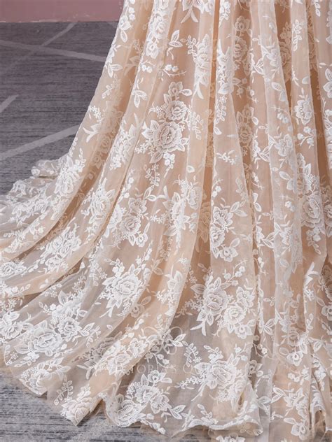 VQ Floral White Lace On Nude Tulle Long Sleeve Wedding Dress