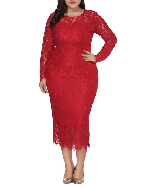 Womens Plus Size Lace Dresses Formal Floral Lace Dress Long Sleeve Midi Dress For Cocktail