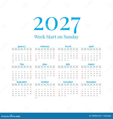 2027 Calendar With The Weeks Start On Sunday Stock Vector