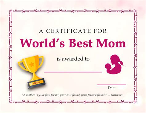 Printable Best Mom Award Certificate Printable World Holiday