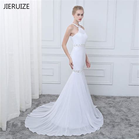 Jieruize White Chiffon Mermaid Summer Wedding Dresses 2019 Beaded