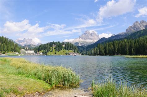 Lake Misurina And Tre Cime Di Lavaredo Dolomites Stock