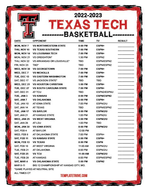 Texas Tech Basketball Schedule 2024 23 Kym Letitia