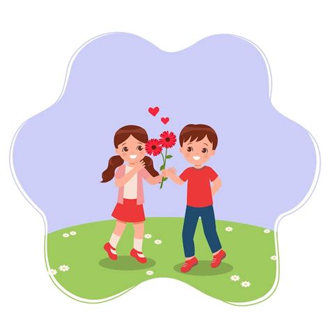 Premium Vector Cute Boy Give Flowers To Girl