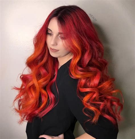 Phoenix Hair With Black Roots Fire Ombre Hair Fire Red Hair Funky Hair Colors Cool Hair