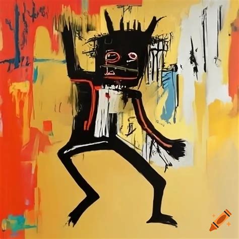 Basquiat Symbols Painting Featuring A Man Sprinting From A Dog On Craiyon