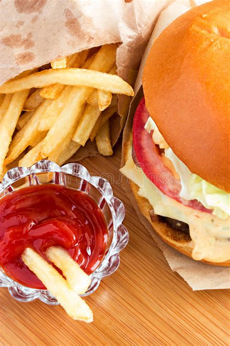 Beef Burger With French Fries And Ketchup Sauce Stock Photo Image Of