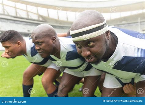 Group Of Diverse Male Rugby Player Ready To Play Rugby Match In Stadium Stock Image Image Of