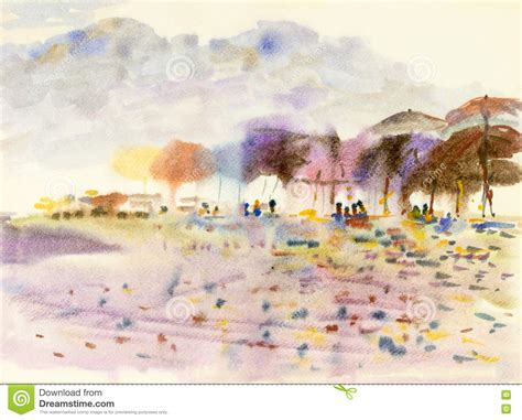 Abstract Watercolor Original Painting Colorful Of People On The Beach Stock Illustration
