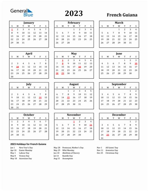 Free Printable 2023 French Guiana Holiday Calendar