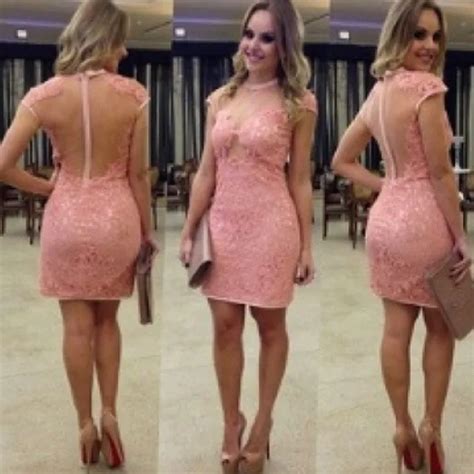 Elegant Short Sleeves Pink Lace Cocktail Dresses Sex See Through Back Straight Hot Sale Fashion