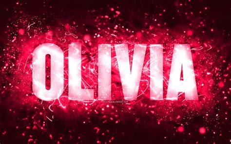 Download Wallpapers Happy Birthday Olivia 4k Pink Neon Lights Olivia