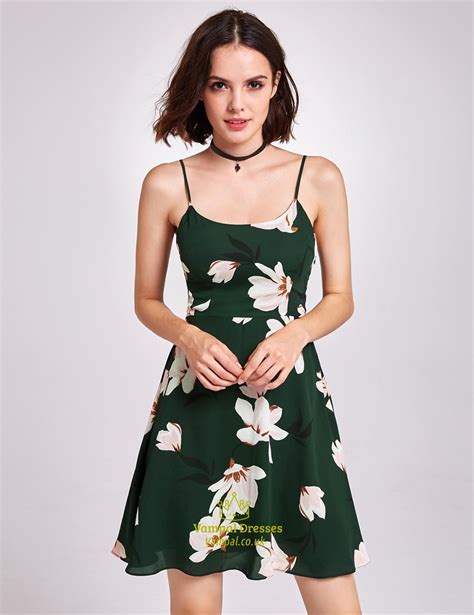 Lovely Dark Green Spaghetti Strap Knee Length A Line Floral Dress