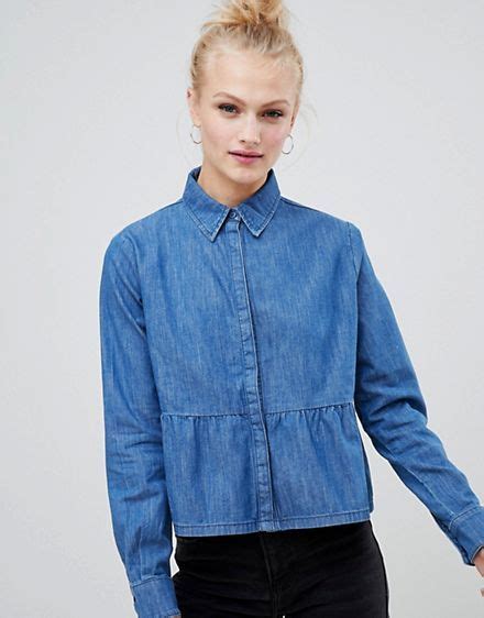 Asos Design Denim Shirt With Ruffle Hem In Midwash Blue Womens Denim Shirt Shirts Denim Shirt
