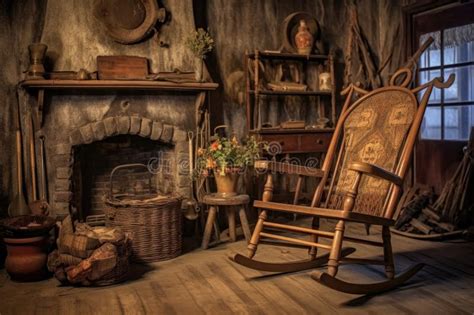 Old Fashioned Wooden Rocking Chair Near A Fireplace Stock Image Image