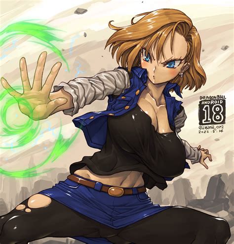 amania orz android 18 dragon ball dragonball z 1girl belt blonde hair blue eyes breasts