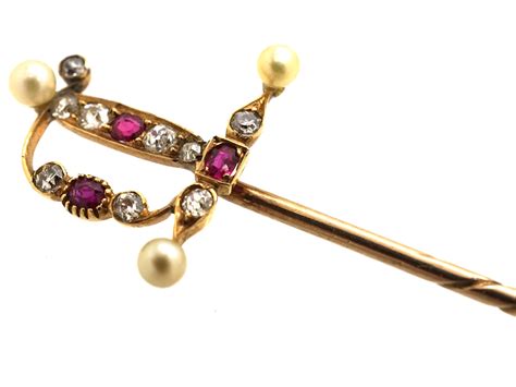 Edwardian 15ct Gold Ruby Diamond And Natural Pearl Sword Tie Pin 246o