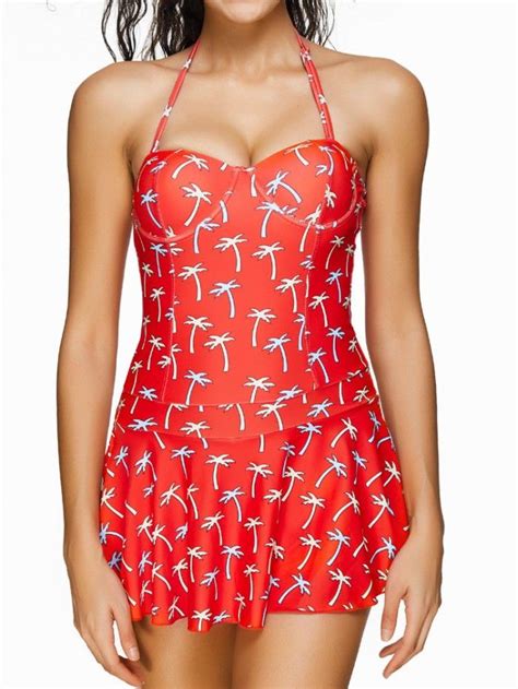 Conservative Comfy Halter Backless Print One Pieces Swimdresses Swim Dress Plus Size Swimwear