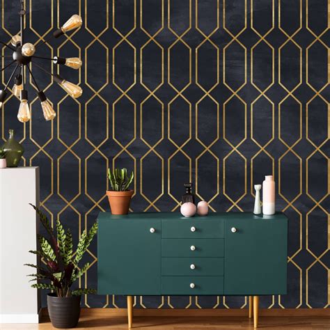 Black Gold Geometric Art Deco Wallpaper Traditional Non Woven Etsy