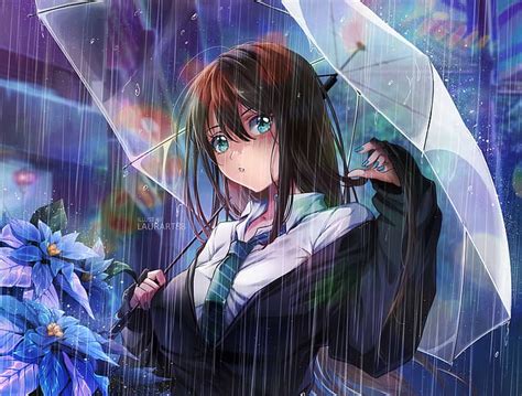 Anime Chicas Anime Shibuya Rin Senos Uniforme Escolar Paraguas Ojos Aguamarina Fondo De