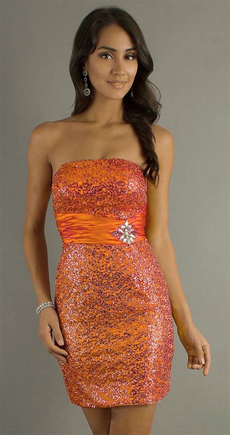 Cocktail Orange Sequin Dress Short Strapless Satin Waist Jewels