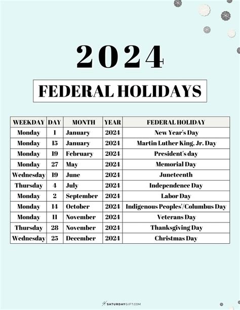 2024 Calendar With Federal Holidays Printable Free Melly Sonnnie