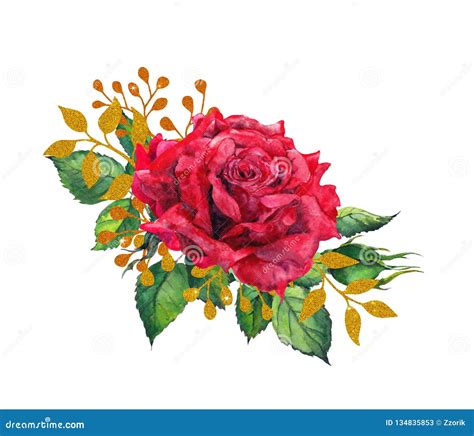 Red Roses With Golden Leaves Watercolor Painting Flower Stock