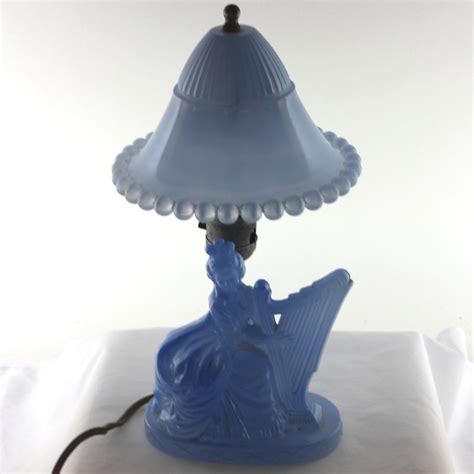 Vintage All Original Blue Glass Boudoir Lamp Lady With A Harp Blue