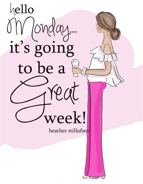 A Woman In Pink Pants Holding A Cup With The Words Hello Monday Its